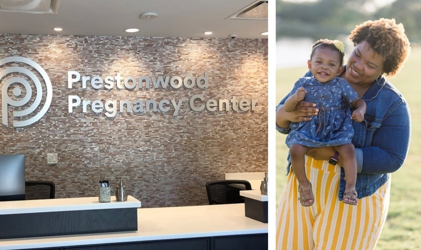 Unidade da Prestonwood Pregnancy Center e uma mãe com seu filho, atendida pela instituição. (Foto: Reprodução / BP Press)