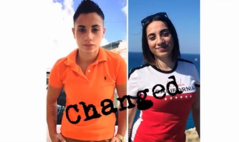 Kylie Delia antes, quando vivia o estilo de vida homossexual e hoje livre da homossexualidade. (Foto: Reprodução / Christian News)