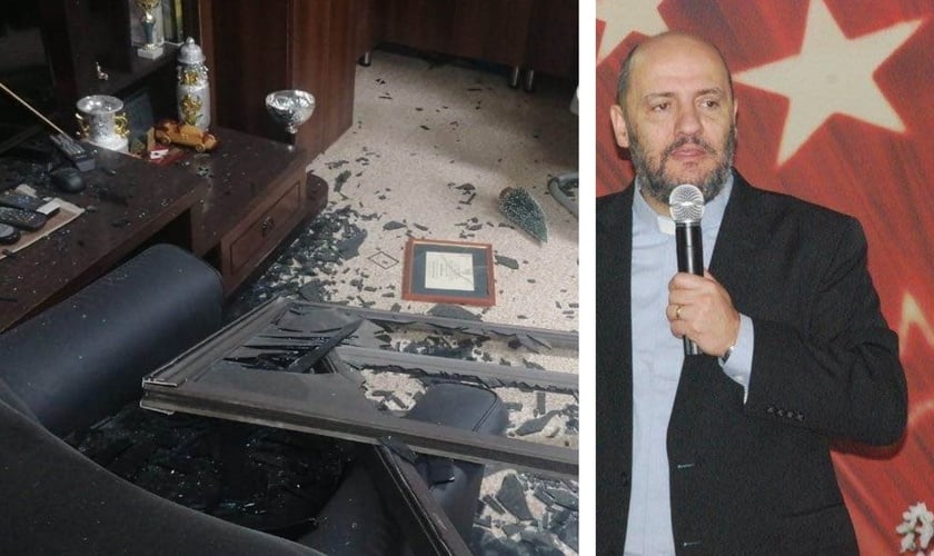 Pastor Said Deeb e imagem do escritório da igreja após as explosões. (Foto: Reprodução / Facebook)