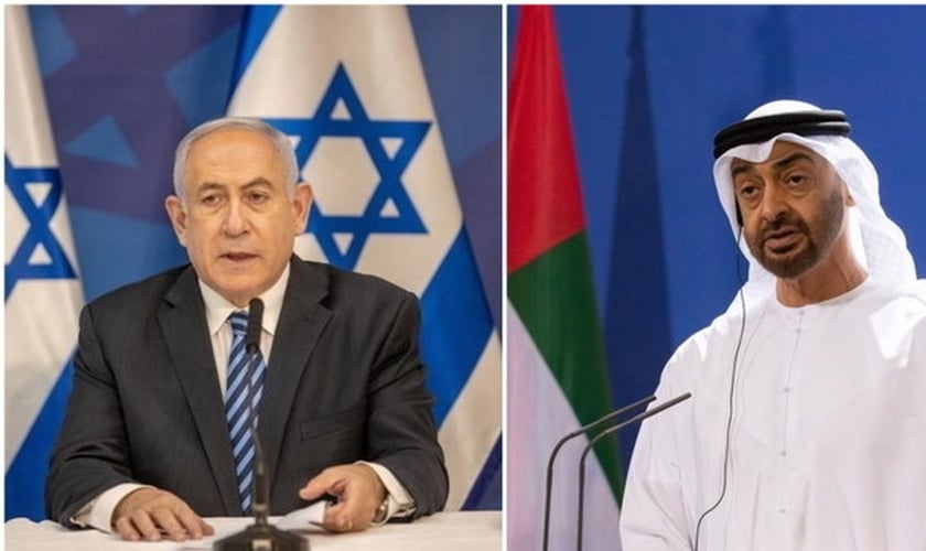 Premiê de Israel, Benjamin Netanyahu, e xeique Mohammed Bin Zayed, dos Emirados Árabes. (Fotos: Reprodução / EFE)