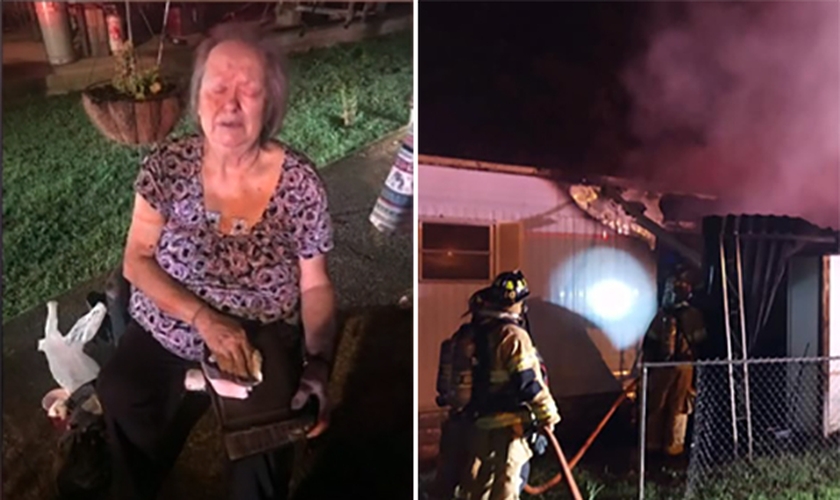 Sheila Cady, de 75 anos, louva a Deus ao encontrar suas Bíblias. (Foto: Reprodução/WRCB)