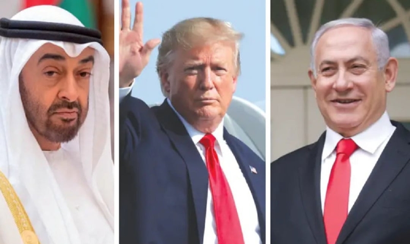 Sheik Mohammed Bin Zayed, príncipe herdeiro de Abu Dhabi, presidente dos EUA, Donald Trump, e primeiro-ministro de Israel, Benjamin Netanyahu. (Foto: Reuters)