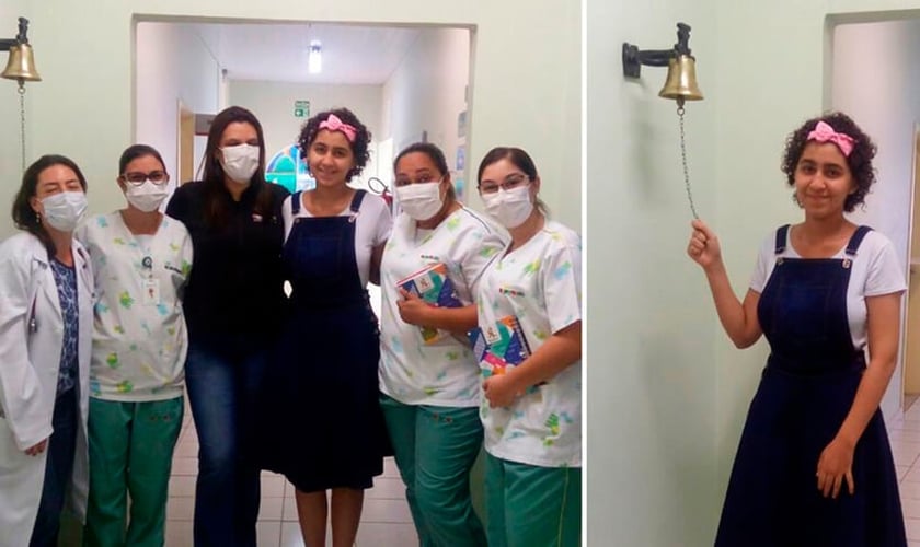 Ellen Cristina Lopes da Silva, de 16 anos, tocou o sino para simbolizar o final de seu tratamento no Hospital da Criança do Grendacc, em Jundiaí. (Foto: Reprodução / Tribuna de Jundiaí)