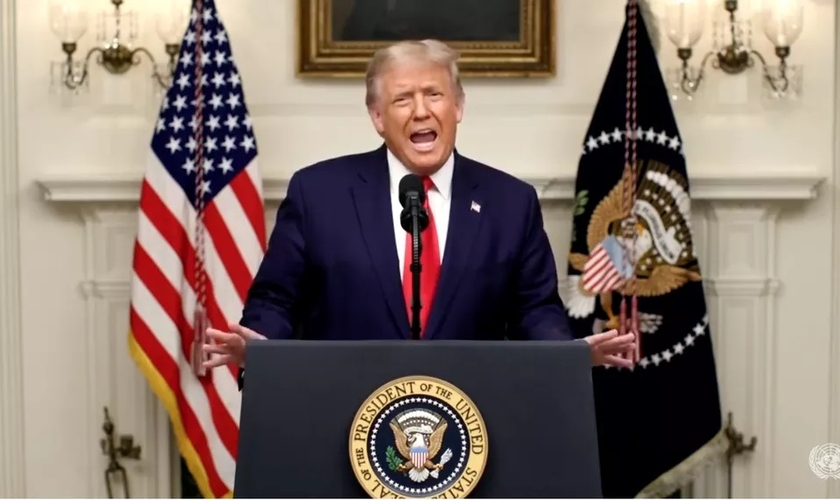 Trump em seu discurso na Assembleia Geral da ONU, em 22 de setembro de 2020. (Foto: Reprodução / G1)