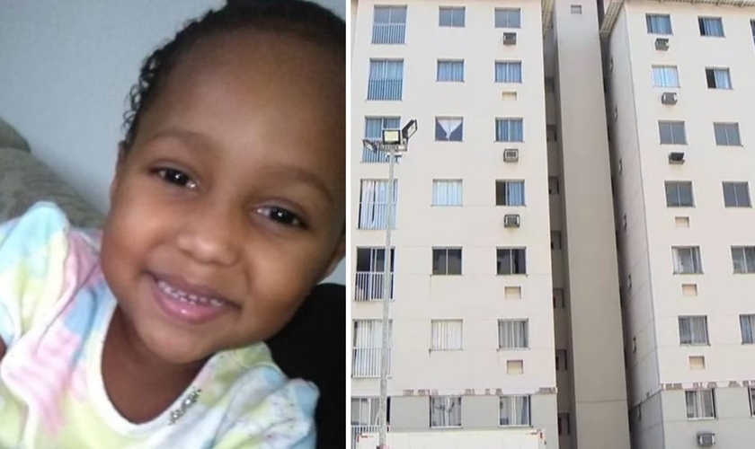Menina Ana Júlia e a fachada do prédio de onde ela caiu da janela do sexto andar. (Foto: Reprodução / TV Gazeta)