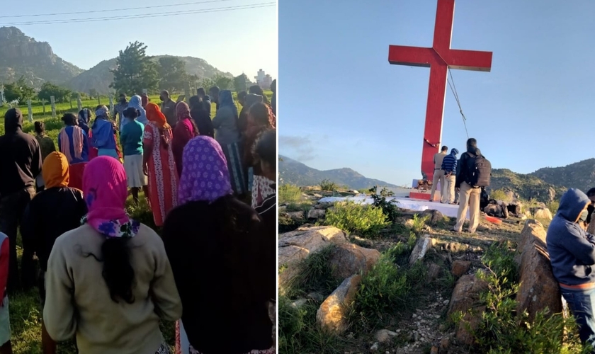 Cruz é removida enquanto cristãos fazem oração no local. (Foto: Reprodução / AsiaNews)