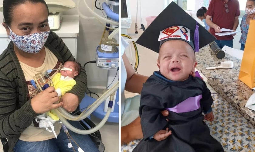 Selma e seu bebê, que nasceu com 620 gramas deixou hospital após 5 meses, com chapéu de formatura. (Foto: Selma Barbosa/Arquivo pessoal)