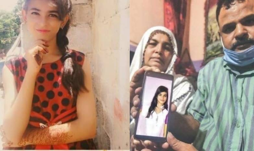 Arzoo Raja (à esquerda) tem apenas 13 anos e foi sequestrada e forçada a se casar com seu próprio sequestrador, um muçulmano de 44 anos, no Paquistão Sua faília (à direita) aguarda a resolução completa do caso. (Foto: Daily Pakistan)