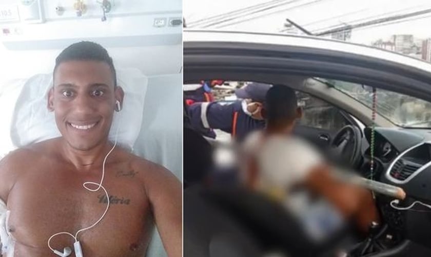 Jeferson Rosendo após a cirurgia e, ao lado, o carro em que sofreu o acidente. (Foto: Reprodução / TV Gazeta)