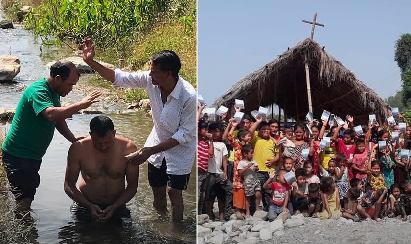 Batismo e cristãos em uma das igrejas plantadas pelo Pr. Kulbhadur no Nepal. (Foto: Reprodução / Pr. Kulbhadur)