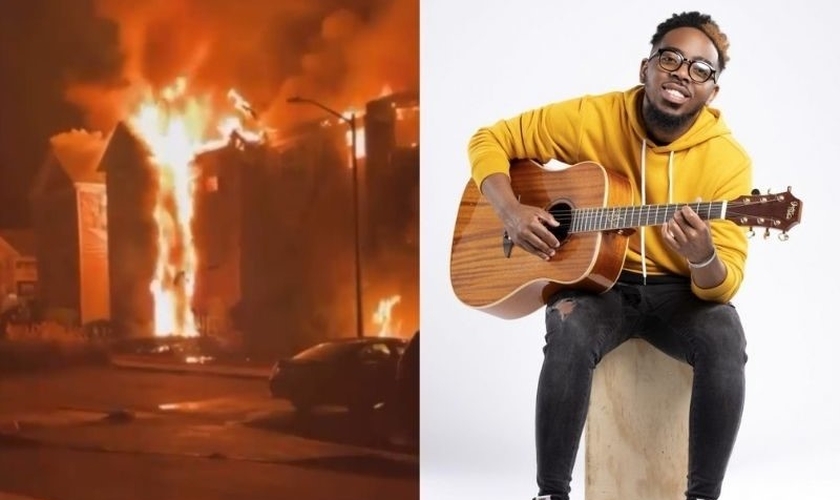 Chandler Moore canta enquanto casa pega fogo: “Perdi 98% das minhas coisas materiais e é frustrante. Mas, eu tenho vida”. (Foto: Reprodução / GOD TV)