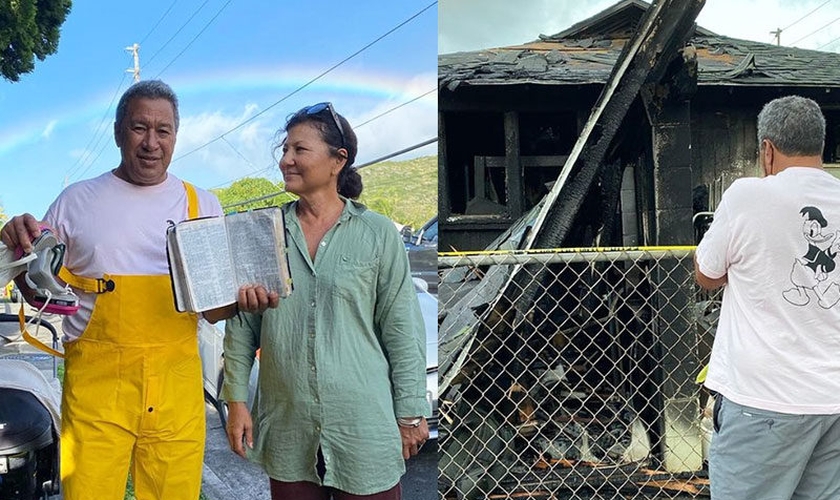 Tony e Tammy Moniz, pais de Kelia Moniz, com a foto da Bíblia intacta; o pai da surfista em frente à casa da família, destruída pelo fogo. (Foto: Reprodução / Instagram).