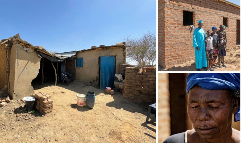 A nova casa de Maria e no destaque a casa destruída pela enchente. (Foto: New Covenant Missions)