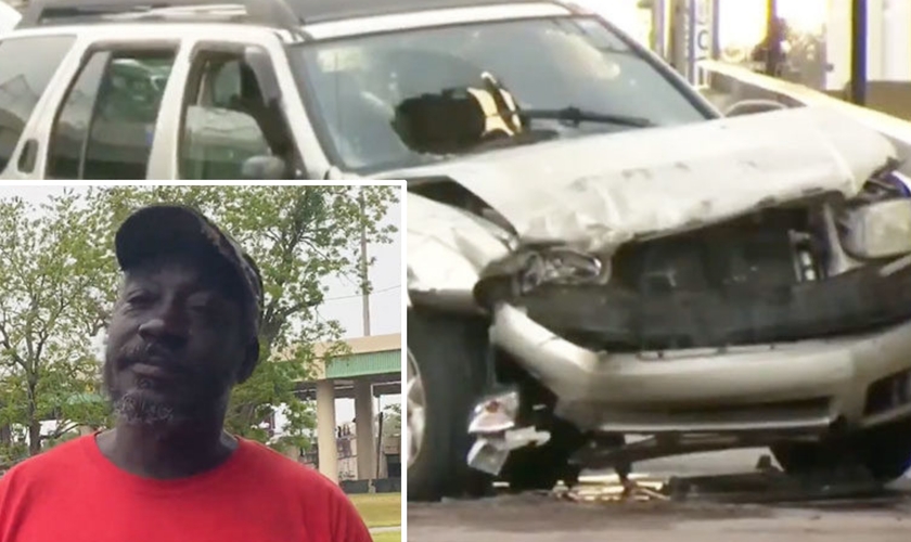 Freddie Finkley e o carro acidentado de Eric Lopez. (Foto: Reprodução / GOD TV)