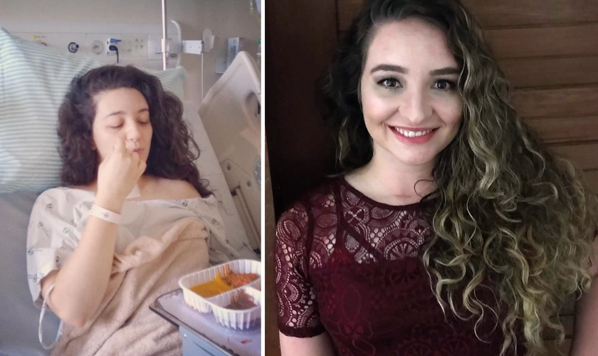 Jessica durante a internação para a cirurgia para a retirada do câncer na tireoide; e hoje, curada. (Foto: Reprodução / Arquivo Pessoal).