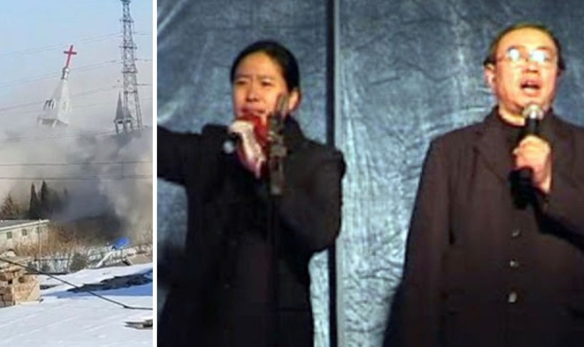 Igreja Golden Lampstand demolida; Pra. Yang e seu marido, Pr. Wang. (Foto: Reprodução / ChinaAid)