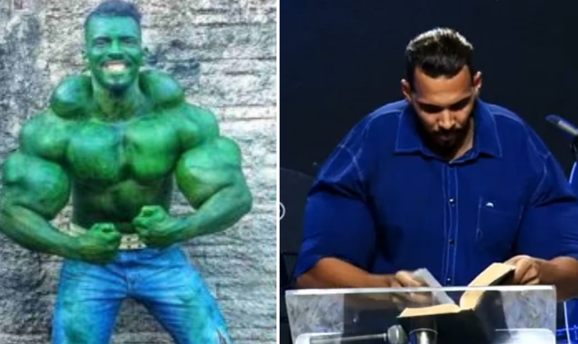 Romário em seu personagem “Hulk”, e hoje testemunhando a transformação em Cristo. (Foto: Reprodução / Arquivo pessoal)