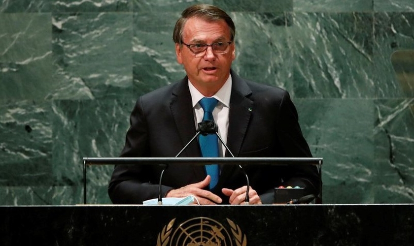 Jair Bolsonaro em seu discurso na sede da ONU, em NY. (Foto: Reprodução / Estadão)