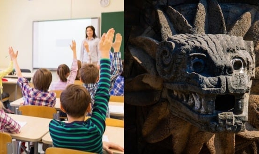 Crianças em sala de aula e deus da serpente asteca Cabeça da cobra emplumada Quetzalcoatl. (Foto: Reprodução / Shutterstock)