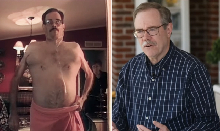 De um lado, Dr. Tom Renfro com tumores e coágulos. De outro, ele saudável testemunhando a cura. (Foto: The 700 Club)