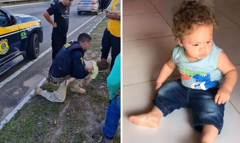 Policial salvando o bebê Josué Levi que estava engasgado. (Foto: Divulgação/PRF)