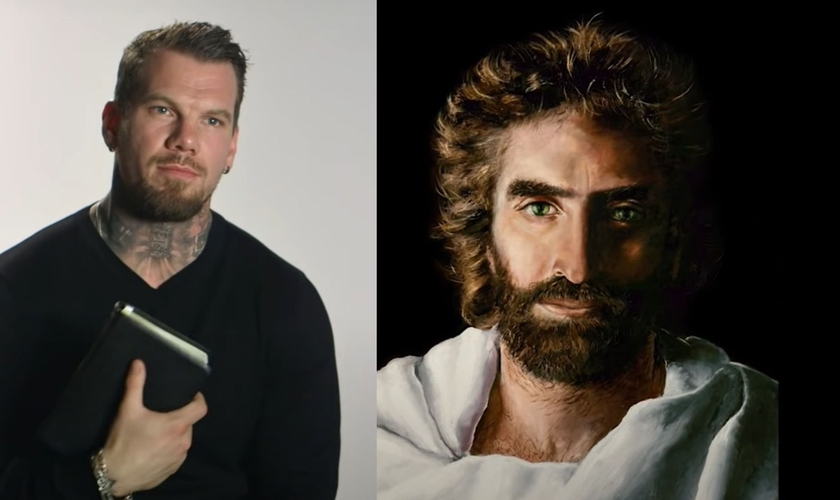 Cody Bates após sua conversão e a pintura de Akiane Kramarikpi . (Montagem: Capturas de tela/YouTube/The Meeting House)