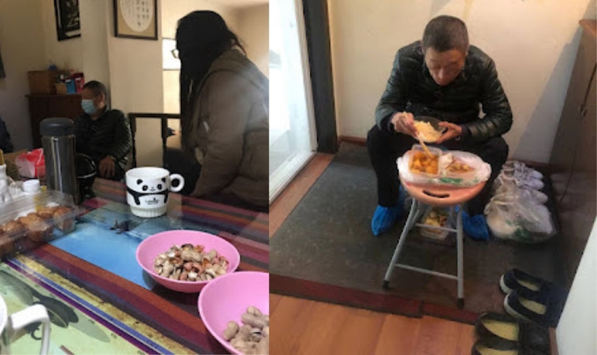Fotos da casa de Xu Jiale e sua esposa Qin Ningping; à direita, um dos oficiais encarregados por vigiá-los. (Foto: ChinaAid)