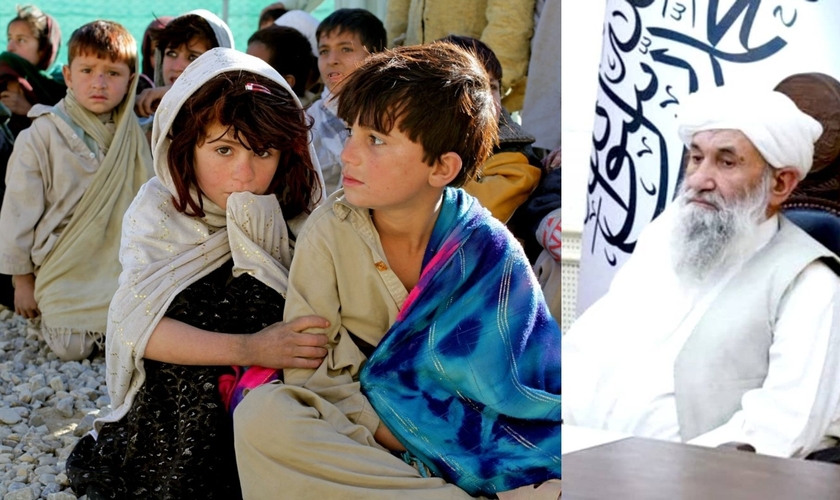 Foto/Montagem: Crianças afegãs à esquerda e primeiro-ministro do Talibã, Mohammad Hassan Akhund, à direita. (Fotos: Pxhere e Commons Wikimedia)