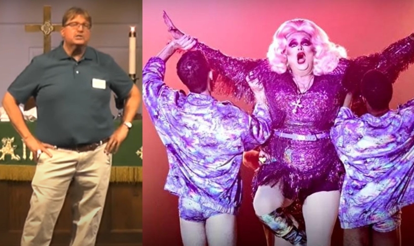 Pastor Craig Duke na igreja (à esquerda) e atuando como drag queen (à direita). (Foto/Montagem Guiame: Captura de tela/HBO)