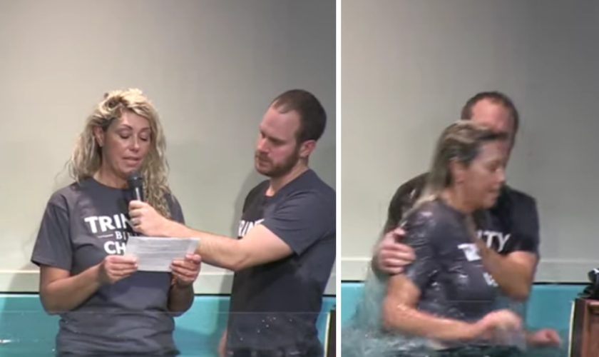 Jennifer Scott lê um depoimento emocionante antes de ser batizada nas águas. (Foto: Reprodução / YouTube CBN News)