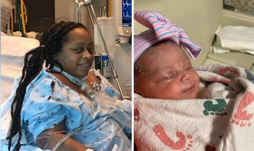 Sheenah Berry durante internação, e sua bebê Kensley logo após o parto. (Foto: Reprodução / Fox5Atlanta)