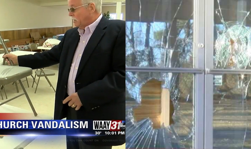 A New Antioch Church of Christ teve equipamentos e janelas quebradas. (Foto: YouTube/WAAY-TV).