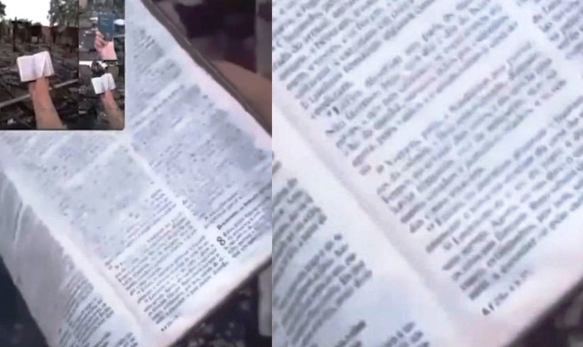 A cristã Franciléia de Melo encontrou sua Bíblia em meio aos escombros de sua casa. (Foto: Reprodução).