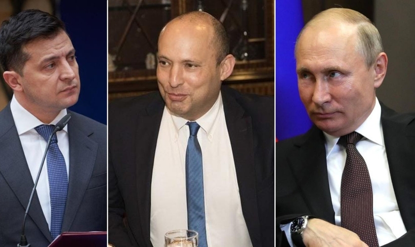 Volodymir Zelensky, Naftali Bennet e Vladimir Putin. (Foto: Montagem Guiame)