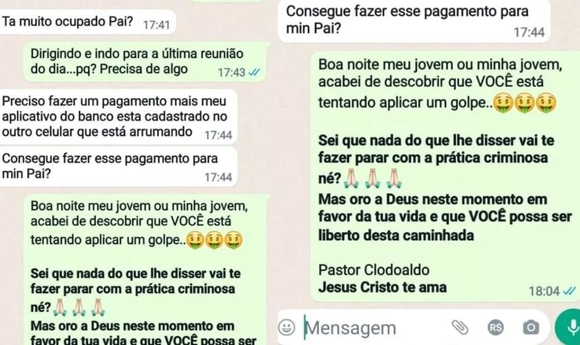 Mensagens trocadas entre o pastor e o golpista. (Foto: Reprodução / WhatsApp)