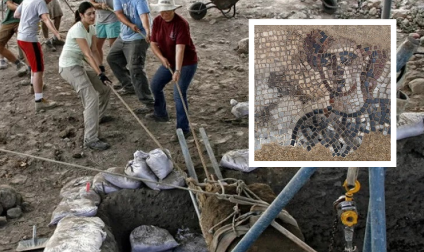 Escavações na antiga vila judaica de Huqoq e, no destaque, mosaico com figura bíblica. (Foto: Huqoq Excavation Project / Jim Haberman)