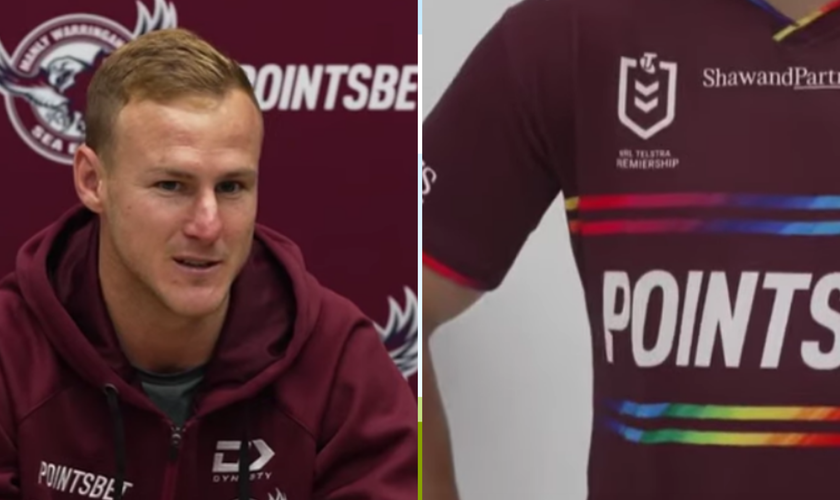 O capitão do Sea Eagles, Daly Cherry-Evans, durante coletiva de imprensa; camisa arco-íris. (Captura de tela/YouTube/Sky Sports News)