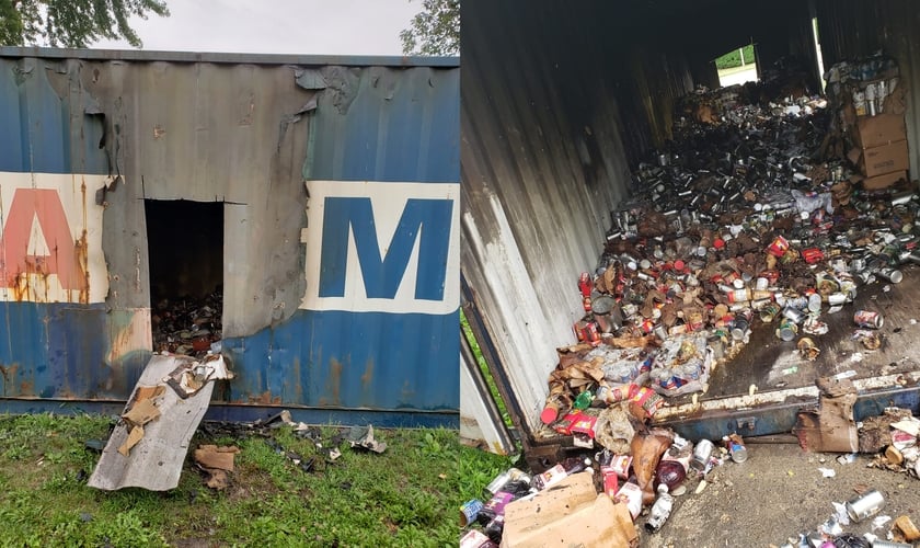 O ataque incendiou toneladas de alimentos que seriam doados pela Harvest Time Christian Fellowships. (Foto: Facebook/Curtiss Ostosh).