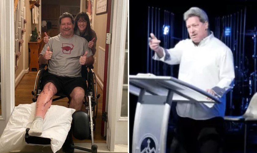 Kevin Cummings, com sua esposa Terri, após cirurgias e agora conseguindo pregar em pé. (Foto: Baptist Press)
