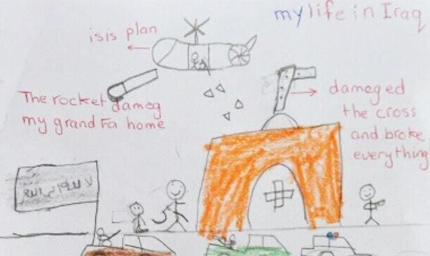 Desenho de Sara que descreve o ataque do Estado Islâmico contra seu pai e seu avô. (Foto: Reprodução/God Reports)