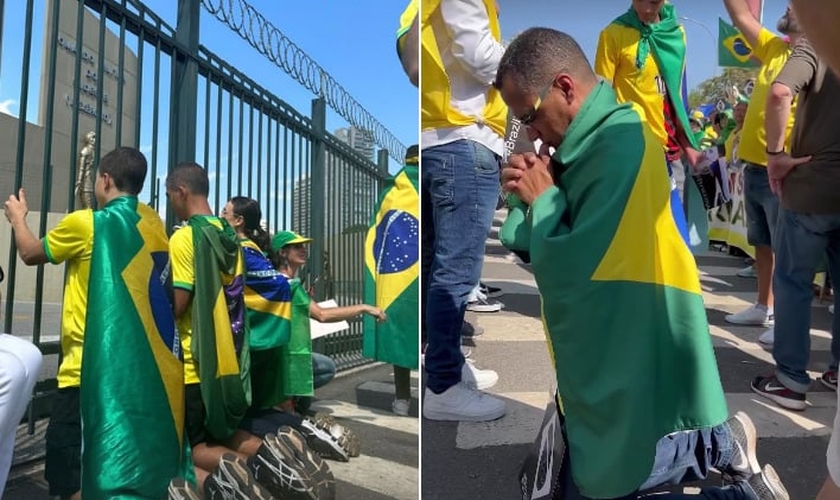 Manifestantes ajoelhados orando pelo Brasil. (Foto: Francielle Gentil/Instagram)