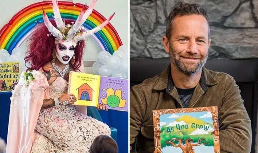 Kirk Cameron mostra seu livro infantil "As You Grow" [à dir.]; leituras por drag queens são aceitas em bibliotecas públicas. (Fotos: Brave Books/Relearn.org/Facebook)