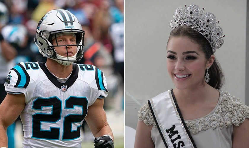 Olivia Culpo, vencedora do Miss Universo (Foto: U.S. Embassy, Jakarta). Christian McCaffrey (Foto: Keith Allison de Hanover/Creative Commons).