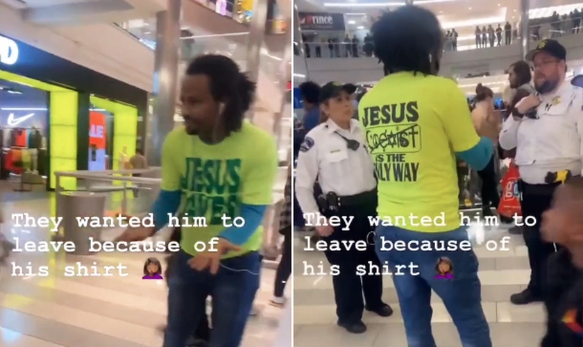 Homem que usava a camiseta argumentando com os seguranças. (Foto: Reprodução/Twitter/John Mason)