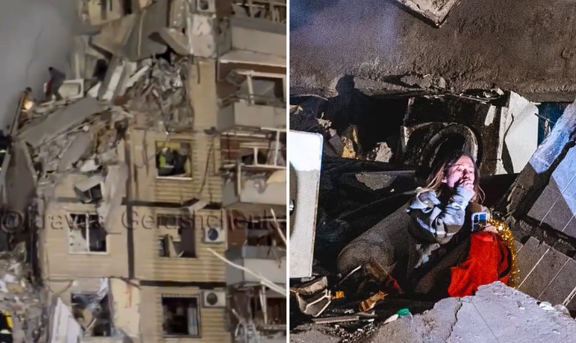 Anastasia Shvets e o prédio destruído por míssil. (Captura de tela/Twitter/Anton Gerashchenko)