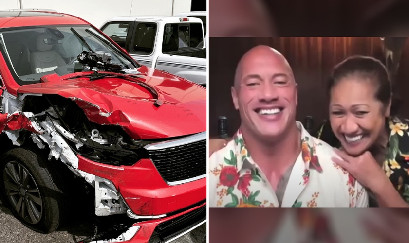 Veículo destruído após o acidente. (Foto: Reprodução/The Rock/Instagram/Access Hollywood)