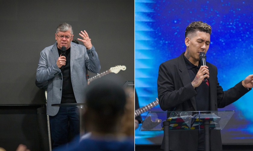 Pastor Jairo Fernandes e jogador Roberto Firmino ministrando na igreja. (Foto: Divulgação/Manah Church)