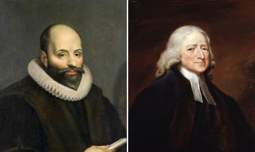 Jacó Armínio [à esquerda] e John Wesley [à direita]. (Fotos: Wikimedia)