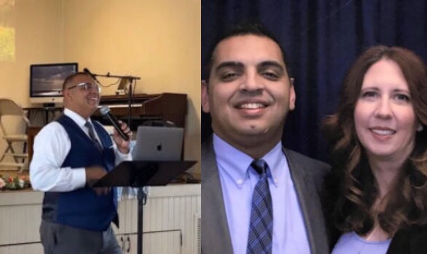 Pastor Eric Quiles na igreja e com sua esposa. (Foto: Reprodução/God Reports)