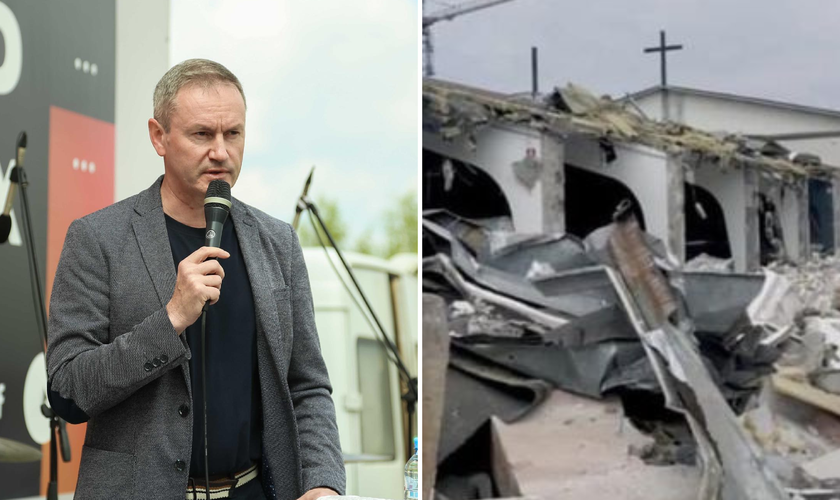 O Pr. Vyacheslav Goncharenko; Igreja Nova Vida em Minsk destruída por escavadeira. (Foto: Reprodução/Christian Network Europe)